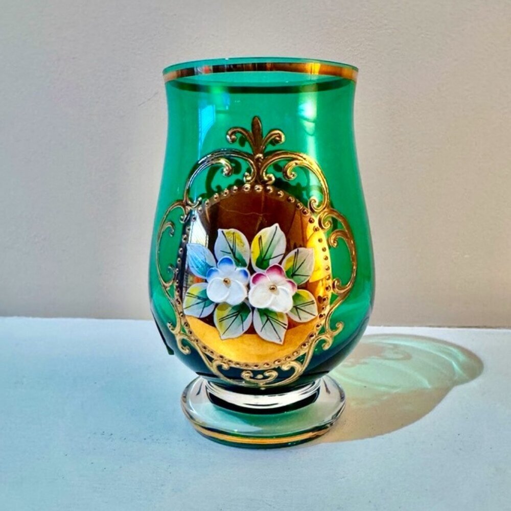 Evpas Handpainted Gold Bohemian Green Glass Vase
